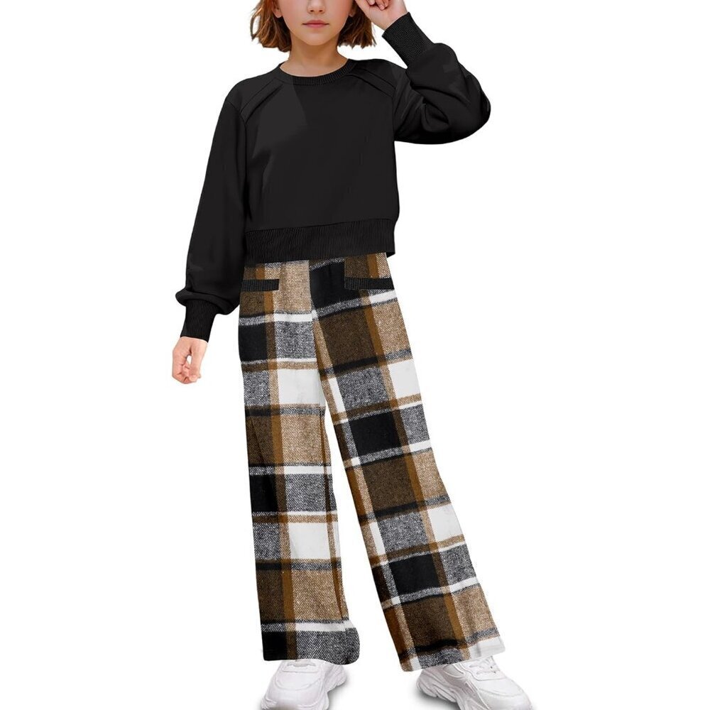 Girl Clothes, 2 Piece Girls Outfits Solid Crop Tops Plaid Wide Leg Pants with Po